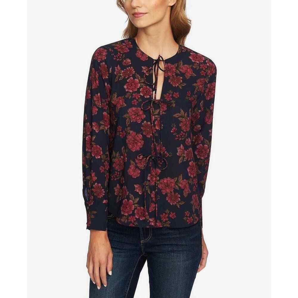 [1. STATE] Gallant Garden Navy Pink Floral Print Long Sleeve Blouse Bows Size XL